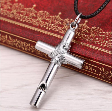 Men Women Whistle Titanium Steel Cross Pendant Necklace Jewerly with Leather Rope fashion jewelry necklace